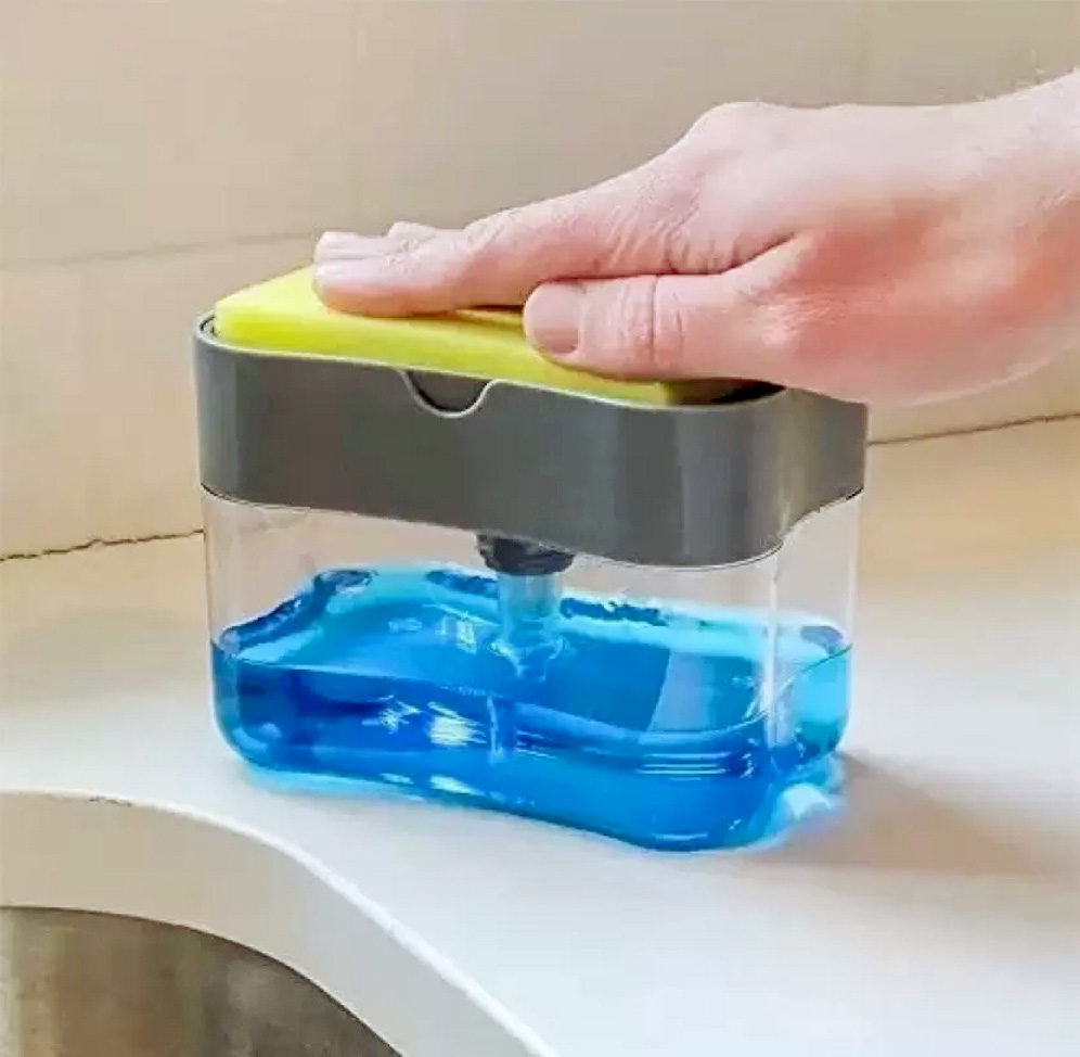 Multi function 2 in 1 Soap Pump Plastic Dispenser for Dishwasher Liquid Holder Soap, 400ml Manual Liquid soap dispenser with Sponge 